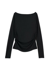 Czarna długa bluzka z dopasowanym krojem, z dekoltem w łódkę i marszczonymi bocznymi szwami, wyeksponowana na płasko na białym tle.
