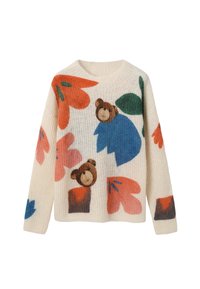 Pleten pulover v kremni barvi z barvitimi cvetličnimi in medvedkastimi motivi v oranžni, roza, zeleni in modri barvi. Okrogla ovratnika in dolgi rokavi. Mehak tekstura.
