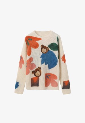 Pleten pulover v kremni barvi z barvitimi cvetličnimi in medvedkastimi motivi v oranžni, roza, zeleni in modri barvi. Okrogla ovratnika in dolgi rokavi. Mehak tekstura.
