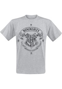 Camiseta de algodón gris con un estampado del emblema de Hogwarts que presenta detalles intrincados, incluyendo leones, una "H" y texto en latín debajo del logo.