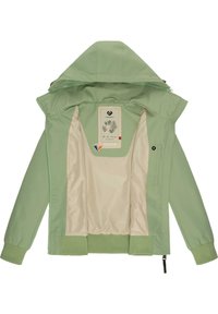 Gaiši zaļš džemperis ar kapuci, ar rāvējslēdzēju un elastīgām piedurknēm. Iekšpusei ir krēmīga oderējums un zīmola etiķete.