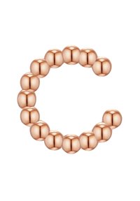 Rozā zelta aproce, kas sastāv no sfēriskām pērlītēm, sakārtotām "C" veidā, ar gludu, atstarojošu virsmu un vienmērīgu izmēru.