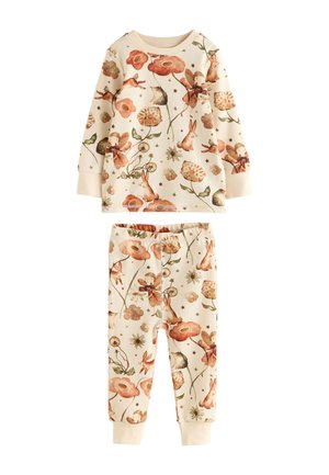 Pyjamaset met lange mouwen in crème, met een bloemen- en dierenpatroon in oranje en groene tinten, voorzien van geribbelde manchetten en tailleband.