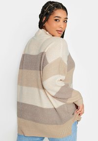 Sweter dziany w naprzemienne paski w jasnym beżu, taupe i kremie. Posiada wysoki dekolt i luźny krój. Włóczka o chropowatej teksturze z prążkowanymi mankietami.