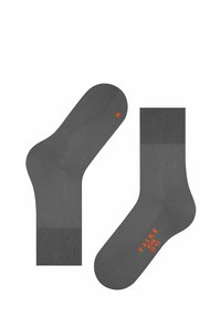 Graue gestrickte Socken mit einem gerippten Bündchen. Es sind orangefarbene Schriftzüge vorhanden, die Größe und Marke anzeigen. Die linke Socke hat ein „R“ zur Kennzeichnung des rechten Fußes.