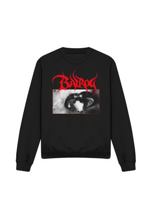 Black sweatshirt with red stylized "Balrog" text above a framed grayscale image of a ram skull with large curved horns.