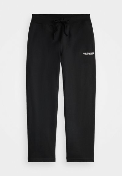 Pantaloni de trening negri dintr-un material moale, cu talie elastică și șnur de ajustare, având un logo alb "POLO SPORT" pe coapsă.