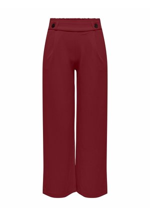 Pantalones de pierna ancha en un profundo color burdeos, confeccionados con una tela suave, con cintura elástica y dos bolsillos frontales, que presentan detalles de botones.