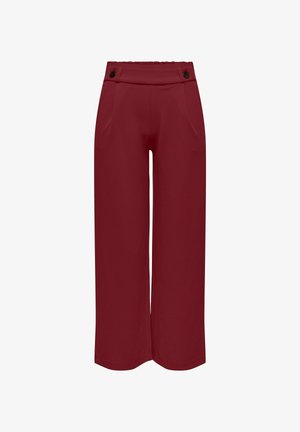Spodnie w szerokim kroju w głębokim burgundowym kolorze, wykonane z gładkiego materiału, z elastycznym pasem i dwiema przednimi kieszeniami, ozdobione guzikami.