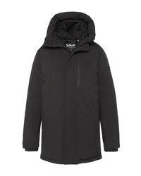 Abrigo de invierno negro aislante con cuello alto, capucha adherida, cierre delantero y bolsillo en el pecho con cremallera, diseñado para climas fríos.