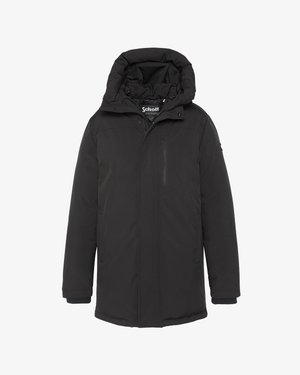 Abrigo de invierno negro aislante con cuello alto, capucha adherida, cierre delantero y bolsillo en el pecho con cremallera, diseñado para climas fríos.