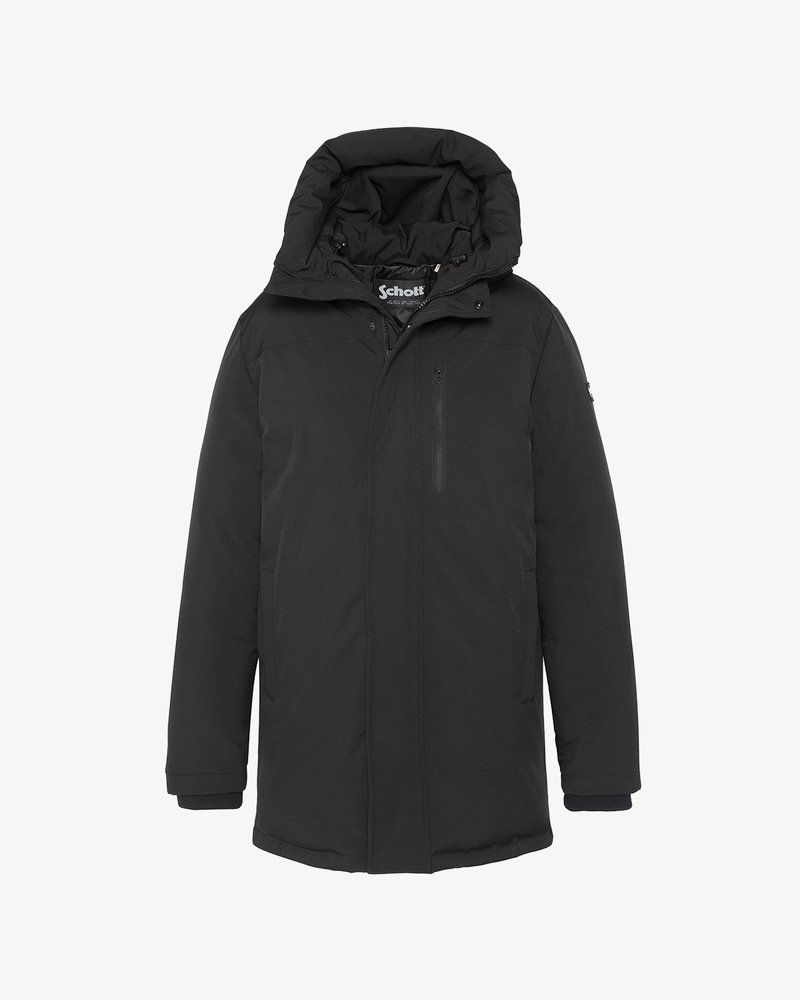 Abrigo de invierno negro aislante con cuello alto, capucha adherida, cierre delantero y bolsillo en el pecho con cremallera, diseñado para climas fríos.