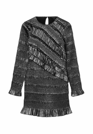 Abito nero in tessuto strutturato, con dettagli arricciati, maniche lunghe e schiena con apertura a goccia. Orlo svasato e dettagli arricciati su tutta la superficie.