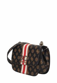 Piccola borsa nera con motivo a logo, caratterizzata da un accento a righe rosse e bianche e una chiusura in argento. Realizzata in materiale sintetico testurizzato.
