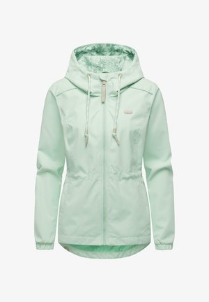 Lichtgroene damesjack met capuchon, met een rits aan de voorkant, trekkoord bij de capuchon, elastische manchetten en een voering met bloemenpatroon aan de binnenkant van de capuchon.
