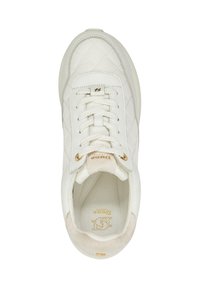 White sneaker with quilted texture, lace-up front, gold hardware accents, and soft beige suede detailing on the heel and sole.