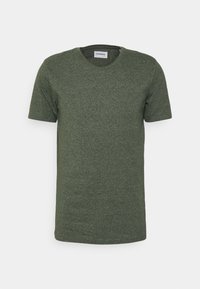 Koszulka z krótkim rękawem i dekoltem w serek w ciemnozielonym kolorze, wykonana z teksturowanej tkaniny z subtelnym melanżowym wzorem i prostym dołem.