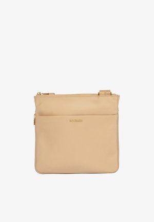 Borsa a tracolla rettangolare beige con cerniera dorata e piccolo logo "BOGNER" dorato centrato sulla tasca anteriore.