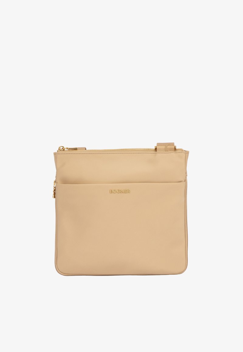 Sac bandoulière rectangulaire beige avec fermeture éclair dorée et petit logo "BOGNER" doré centré sur la poche avant.