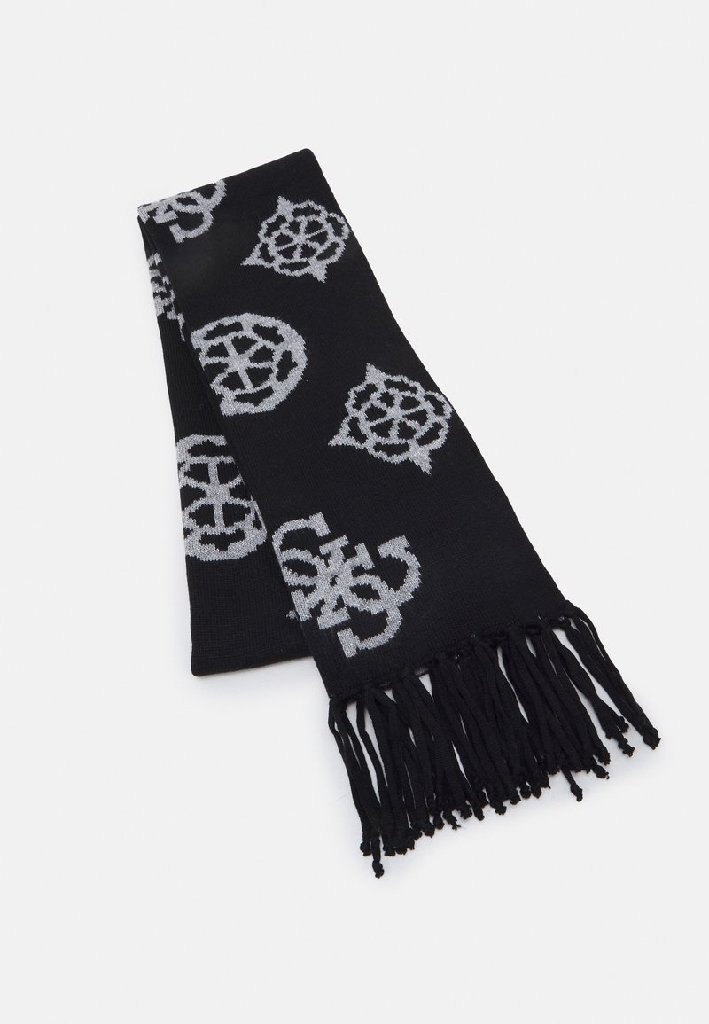 Écharpe noire en tricot avec des motifs géométriques et floraux gris, bordée de franges, étalée à plat sur un fond blanc.