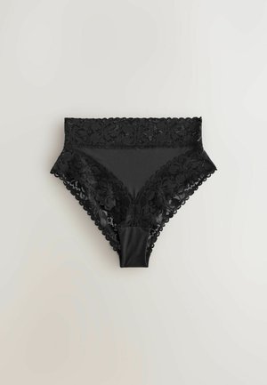 Black high-waisted panties featuring a floral lace trim at the waistband and leg openings, with a smooth, opaque fabric body.
