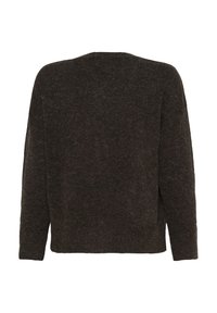 Dunkelbrauner, langärmliger Strickpullover von hinten gezeigt, mit einem einfachen, schlichten Design und einer leicht lockeren Passform.