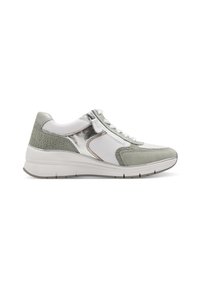 Sneaker verde chiaro e bianco con un accento argento metallico, in suede testurizzato e dettagli in pelle liscia. Presenta una chiusura con lacci e zip.