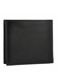 Portafoglio in pelle nera con una finitura testurizzata, caratterizzato da un design piegato e cuciture visibili sui bordi. Compatto e minimalista.