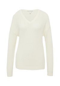 Pulover z V-izrezom v off-white barvi, s teksturirano pletenino, dolgimi rokavi in ribastimi detajli na manšetah in robu. Mehak in lahek dizajn.