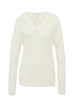 Sweter w serek w kolorze ecru, z teksturowanej dzianiny, z długim rękawem oraz prążkowanymi akcentami na mankietach i u dołu. Miękka i lekka konstrukcja.