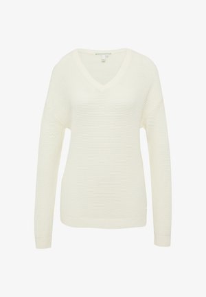 Svetr s výstřihem do V v off-white barvě, vyrobený z texturované pleteniny, s dlouhými rukávy a žebrovanými detaily na manžetách a lemu. Měkký a lehký design.