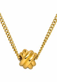 Collier doré avec un pendentif en nœud torsadé sur une chaîne fine. Le pendentif a une finition lisse et polie avec des bords arrondis.