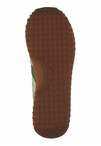 Schuhsohle mit braunem Gummiprofil, das wellenförmige und kreisförmige Grifffmuster aufweist sowie ein kleines geprägtes Markenlogo in der Nähe der Ferse.