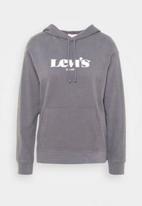 Felpa grigia con cappuccio realizzata in tessuto morbido, dotata di una tasca frontale e cordino. Presenta un logo bianco "Levi's" sul petto.