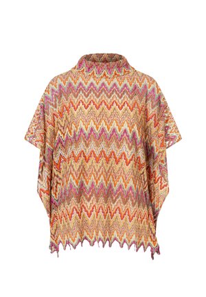 Gebreide poncho met zigzagpatroon in oranje, roze, beige en bruine tinten, voorzien van een col en een gegolfde zoom.