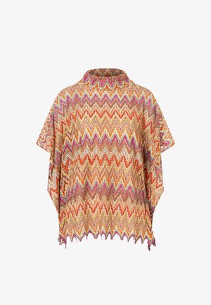 Gestrickter Poncho mit Zickzackmuster in Orange-, Pink-, Beige- und Brauntönen, mit Rollkragen und gezacktem Saum.