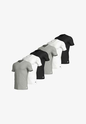 Zestaw sześciu t-shirtów z dekoltem w kształcie litery V w kolorze szarym, czarnym i białym. Krótkie rękawy, miękki materiał oraz logo na dolnej lewej stronie. Klasyczny krój.