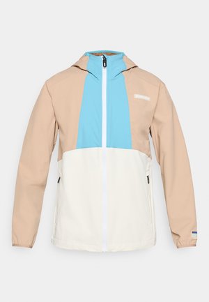 Lightweight jacket featuring a color-block design: beige, light blue, and off-white. Zipper front with two side pockets and adjustable hood.
