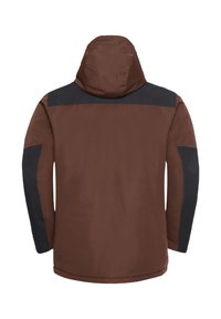 Giacca impermeabile marrone con cappuccio. Presenta accenti blu scuro su spalle e maniche, con una texture liscia e una vestibilità rilassata.