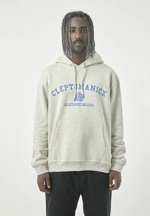 Light gray hoodie made of soft fabric, featuring a front pocket and blue printed text: "CLEPTOMANICK" and "UNIVERSITY OF GOOD THOUGHTS."