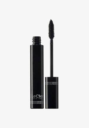 Schwarzer Mascara-Tube mit strukturierter Oberfläche und detailliertem Design. Enthält einen konischen Pinsel mit Borsten für die Anwendung.