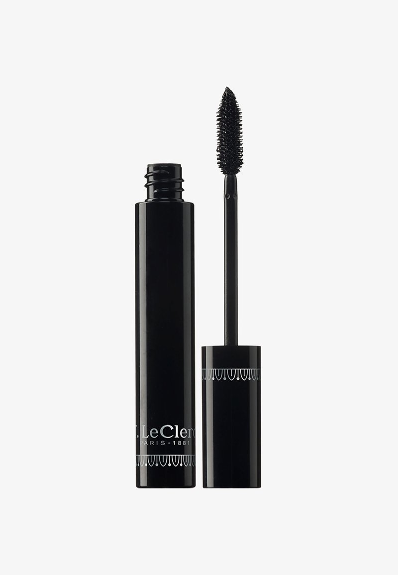 Schwarzer Mascara-Tube mit strukturierter Oberfläche und detailliertem Design. Enthält einen konischen Pinsel mit Borsten für die Anwendung.