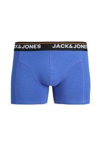 Sinised puuvillased bokserpüksid musta vöökohaga, millel valge "JACK&JONES" tekst ja oranž aktsent. Sile tekstuur, keha järgnev lõige.