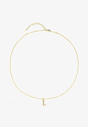 Collar de cadena en tono dorado con un diseño delicado, pequeñas cuentas y un colgante con la letra "L" decorado con rhinestones. Longitud ajustable.