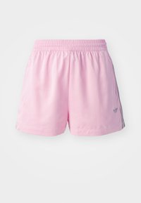 Helle rosa Sportshorts mit einem elastischen Bund, Seitentaschen und dunkelgrauen Streifen an den Seiten. Subtile vertikale Musterstruktur.