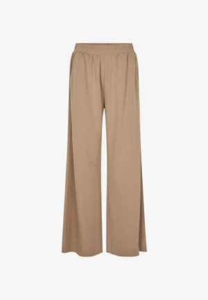 Beige weit geschnittene Hosen aus einem weichen Stoff, mit elastischem Bund und seitlichen Taschen. Glatte Textur mit einer entspannten, fließenden Form.