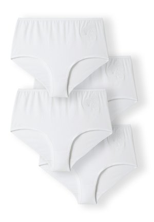 Quatre culottes blanches taille haute pour femmes empilées, chacune avec une broderie florale subtile en haut à gauche.