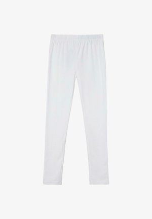 Białe leginsy z elastycznym pasem, o pełnej długości, jednolitego wzoru, odpowiednie do codziennego noszenia lub do aktywności sportowej.