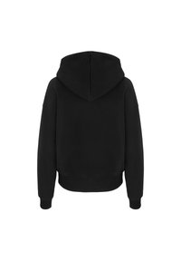 Juoda gobtuvė su trumpu ilgiu, minkšta tekstūra ir gumuotais rankogaliais bei apačia. Yra besiūlis gobtuvas ir laisvas siluetas.