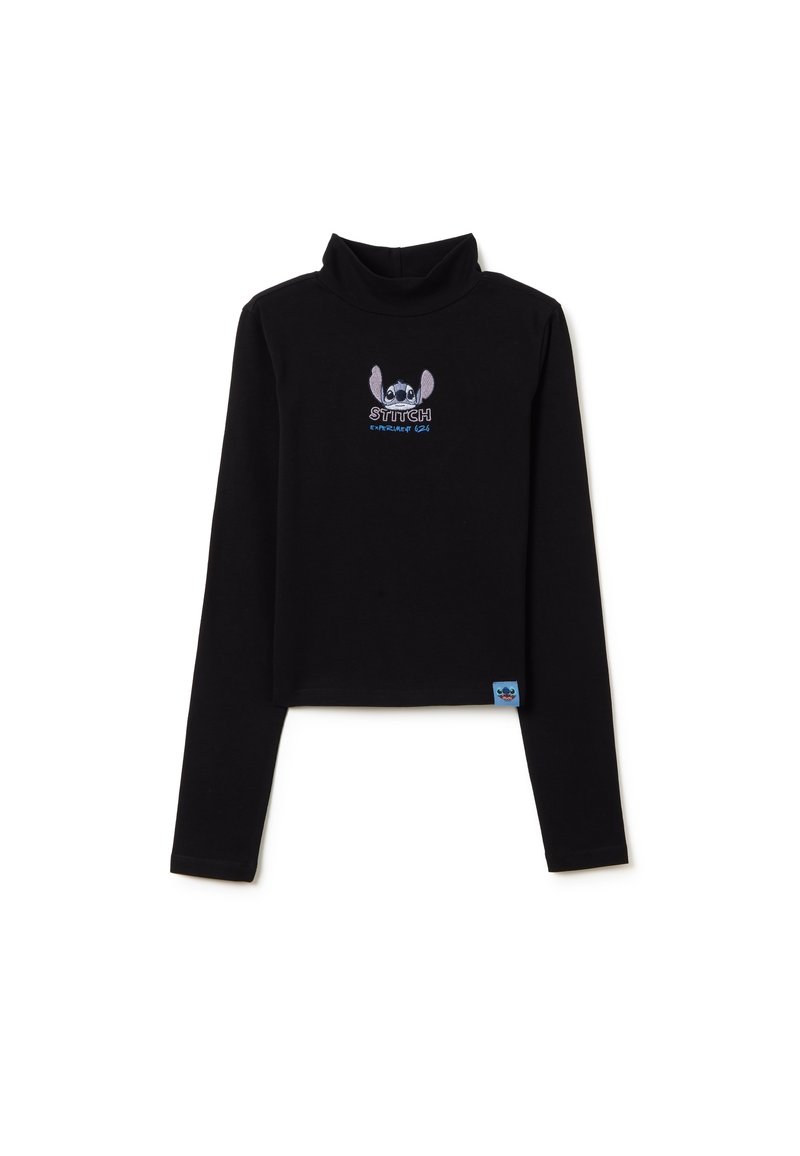 Schwarzes langärmeliges Crop-Top mit Stehkragen, das ein gesticktes Stitch-Design und ein blaues Etikett am Saum aufweist. Glatte Stoffoberfläche.